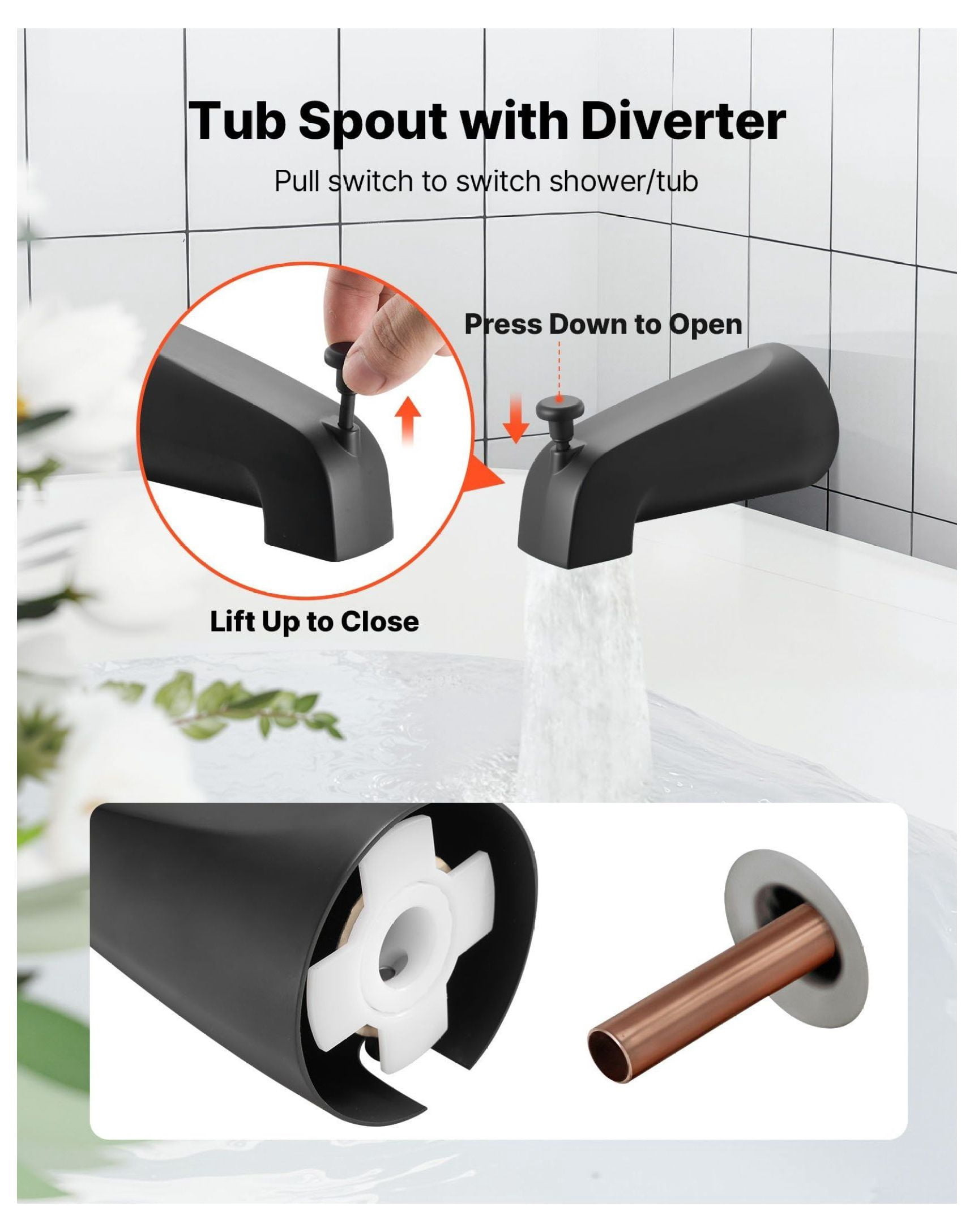 Tub & Shower Faucet Set, 4-Inch Rainfall Shower Head, Bathtub Spout, Matte Black