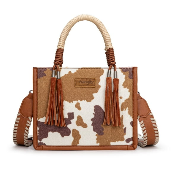 Wrangler Tote Bag Cow Print Western Satchel Bags for Women with Braided Rope Handle, Brown