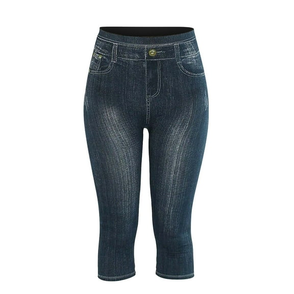 Charmgo Womens Skinny Jeans Slim Faux Denim Printed Bottom Pants High Waist Casual Seven Pants Female High Waisted Petite Jeans Capri Skinny Jeans for Women Black L