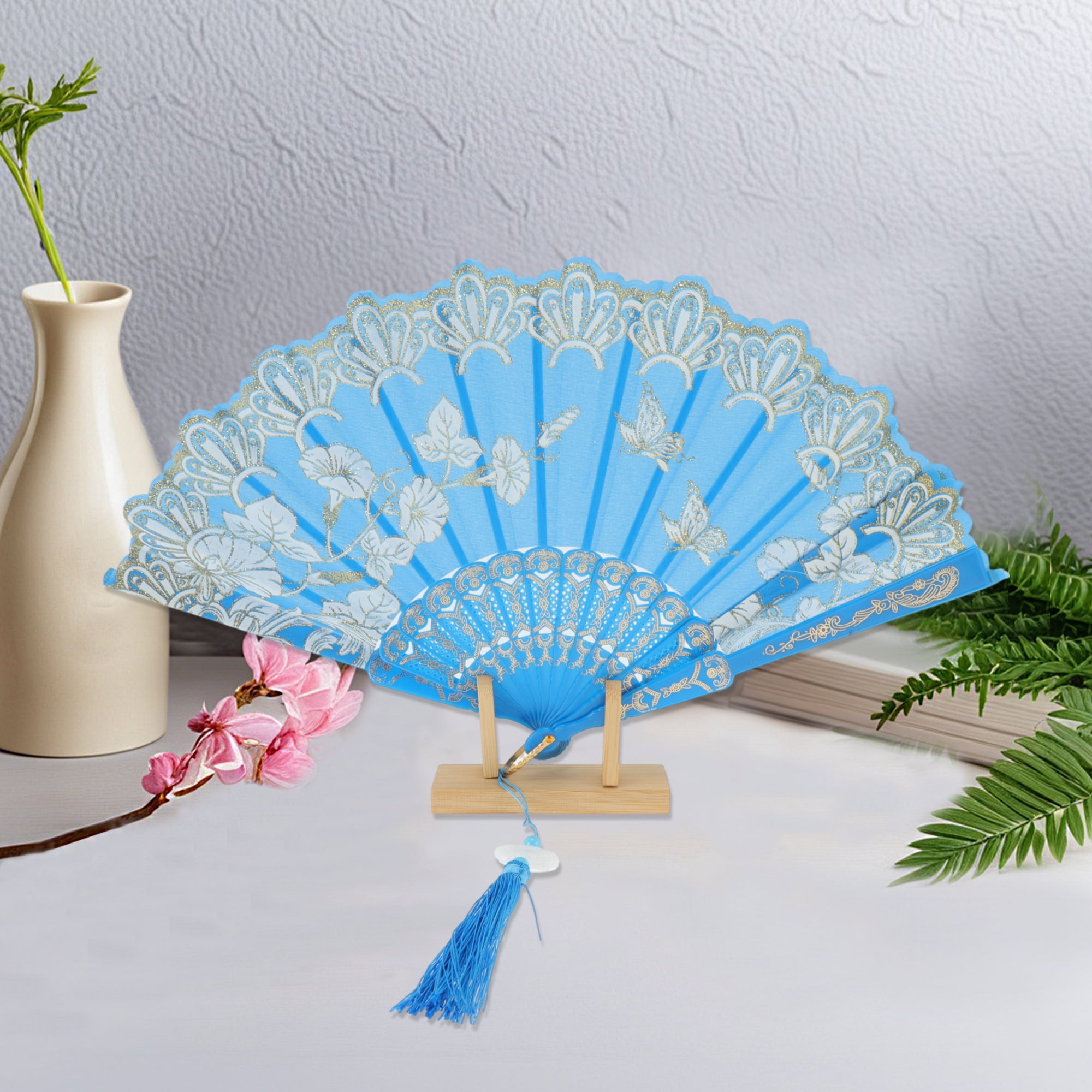 Unique Bargains Tassel Folding Fan 1 Pc for Weddings Parties Sky Blue
