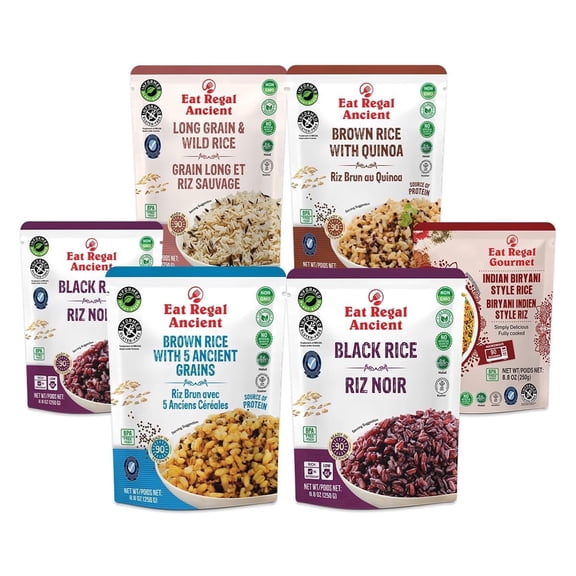 Eat Regal Ready Rice Variety Pack, 6 Pouches, 8.8 oz Each, Black Rice, Quinoa, Ancient Grains, Wild Rice & Biryani