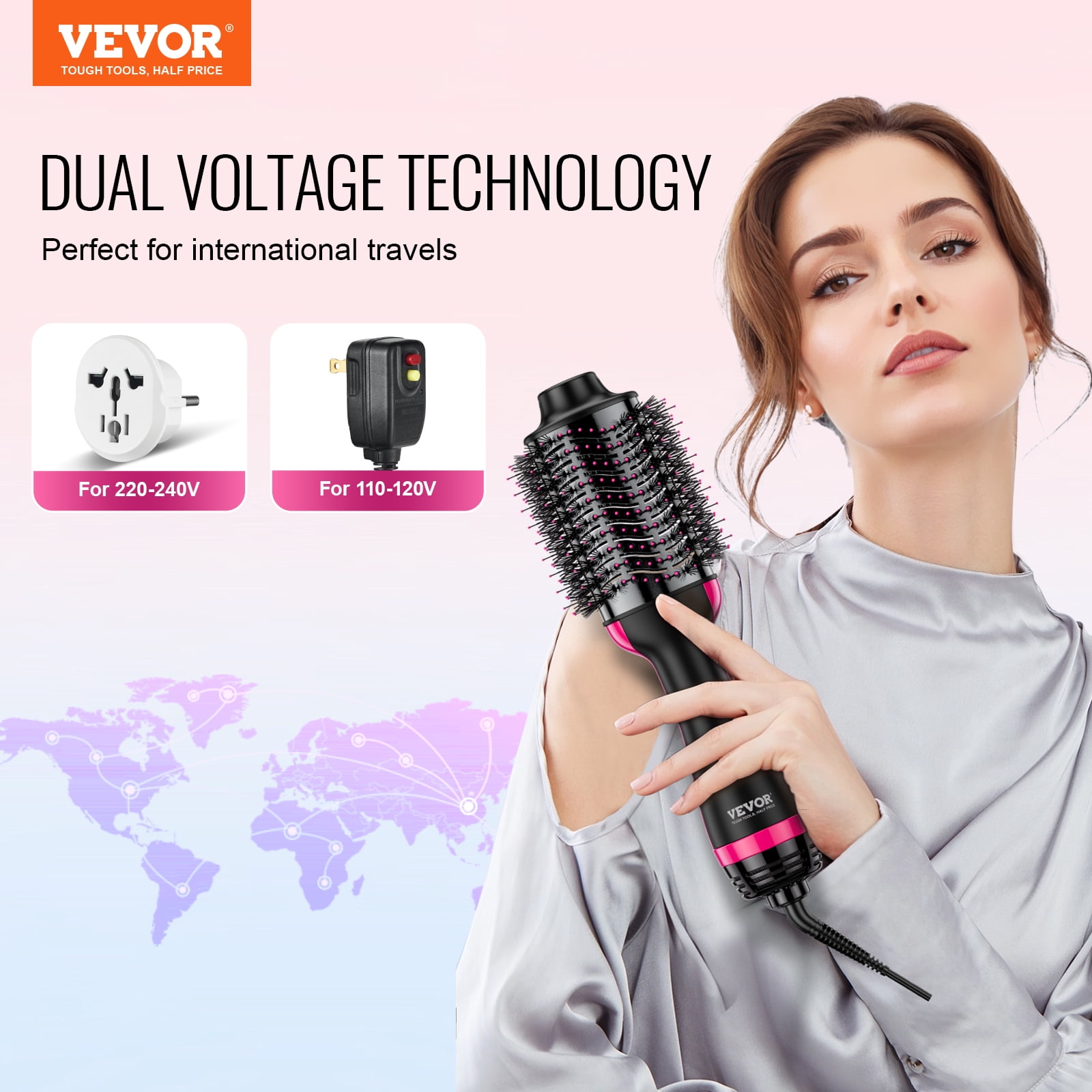 VEVOR Hair Blow Dryer Brush,4 in 1 Ionic Hair Styler and Volumizer with Electroplated Titanium & 2.95" Ceramic Coating Oval Barrel,Dual Voltage 110V/240V Hot Air Styling Brush for Salon Home Travel