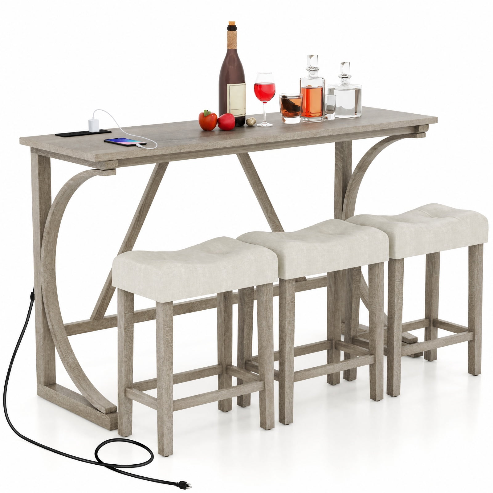 Furnibear 4-Piece Bar Table Set with Power Outlet and Upholstered Saddle Seat Stools-Grey and Beige for Kitchen Dining Room Breakfast Nook Home, Gray