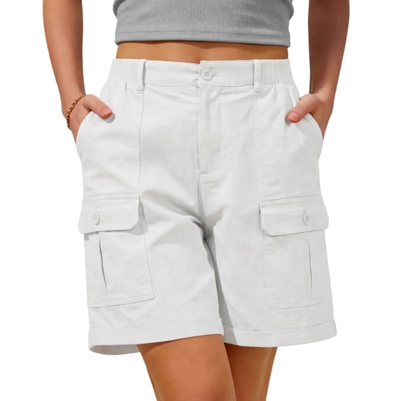 Rggeeun Women Shorts Solid Color Elastic High Waist Buttons Cargo Knee-Length Loose Fit Soft Breathable With Pockets For Summer Everyday Wear Leisure Hot Pants,White,Xl