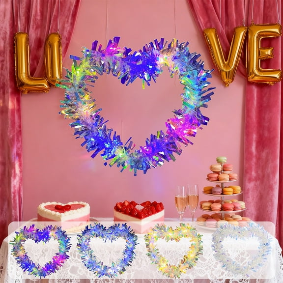 Valentines Day Wreaths for Front Door 11.81inch Blue Tinsel Heart Shaped Wreaths With Lights Hanging Decoration For Wedding Engagement Anniversary Party Supplies