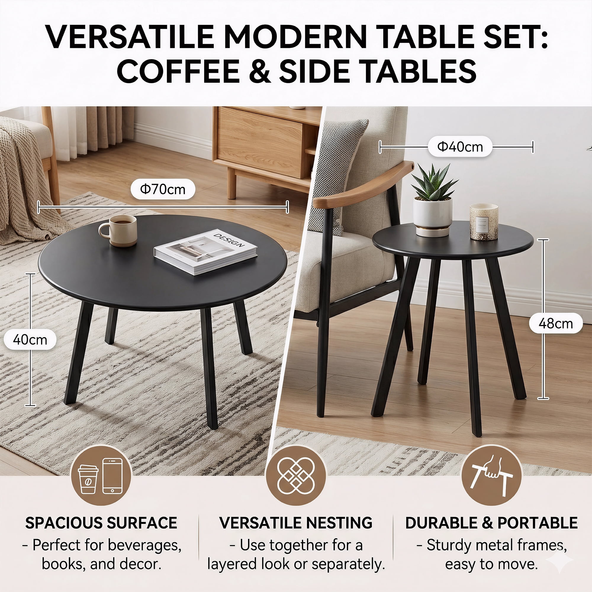 Nesting Coffee Table Round Side Table Set of 2,Modern Metal End Tables & Side Tables for Living Room, Bedroom, Balcony, Patio,Black