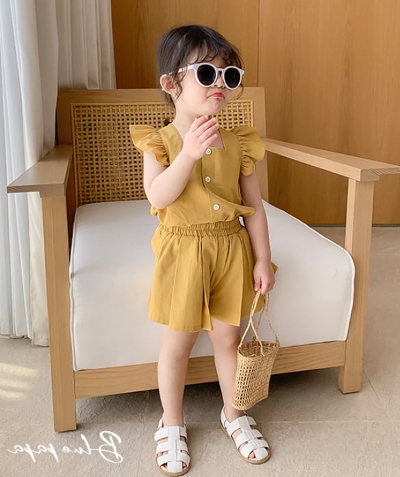 Little Girls Summer 2Pieces Outfit Set Cozy Sleeveless Ruffle Button