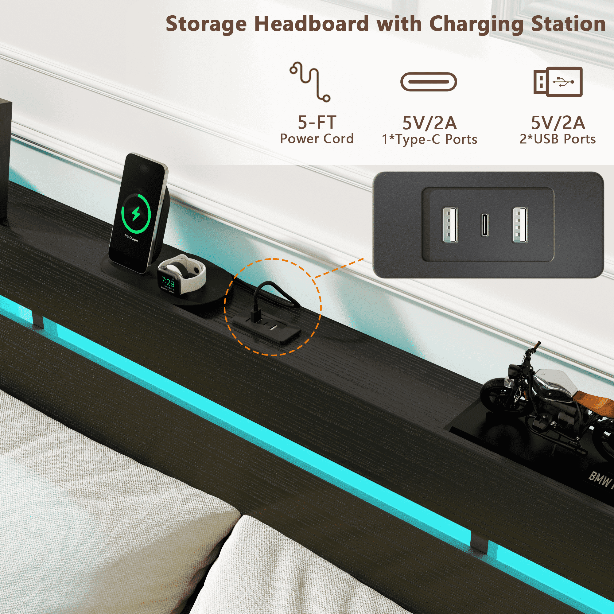 Satifur Full Size Bed Frame with 2 Drawers & LED Lights & Charging Station, Beds with Headboard & 10.10" Under Bed Storage, No Box Spring Needed, Easy Assembly, Black