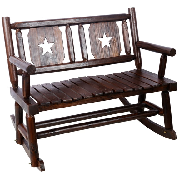 Miekor Furniture Outdoor Wood Rocking Bench Carbonized Double Rocking Chair for 2 Persons with Wide Curved Seat, Porch Rocker for Porch, Garden, Backyard, Rustic Brown No.9228
