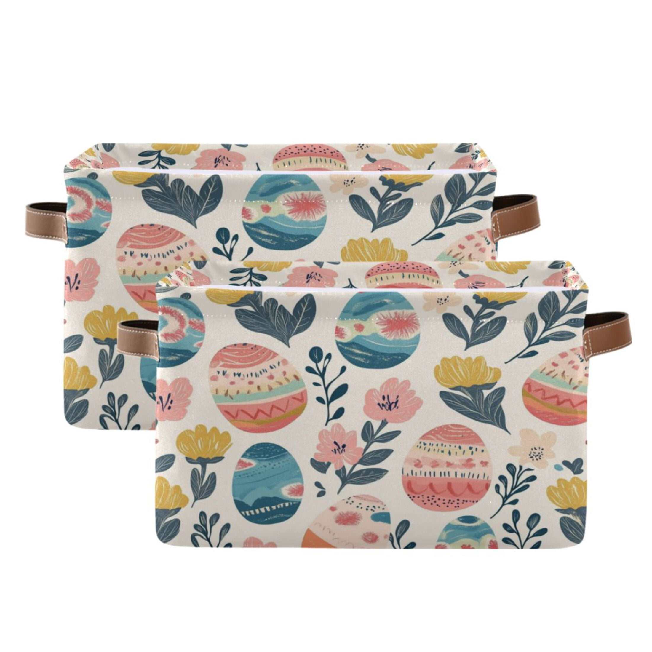 WOBOGO Happy Easter Eggs Square Storage Basket with Waterproof Canvas and PE Lining Durable PU Leather Handles 14.2×10.2×8.3in