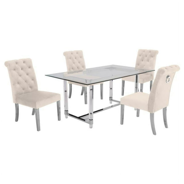 5pc. Ensemble de Repas en Verre de 68 x 40 Po avec 4 Chaises et Acier Inoxydable Argenté
