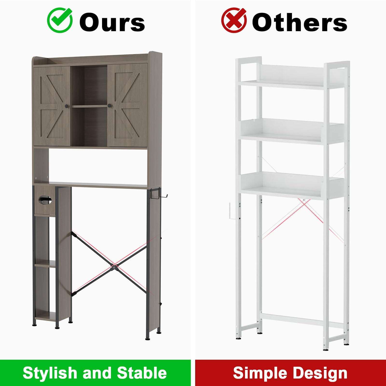 POAO Over the Toilet Storage Cabinet with Metal Frame &7 Storage Shelves,Bathroom Storage Organizer with Adjustable Shelves &Paper Holder,Oak Grey