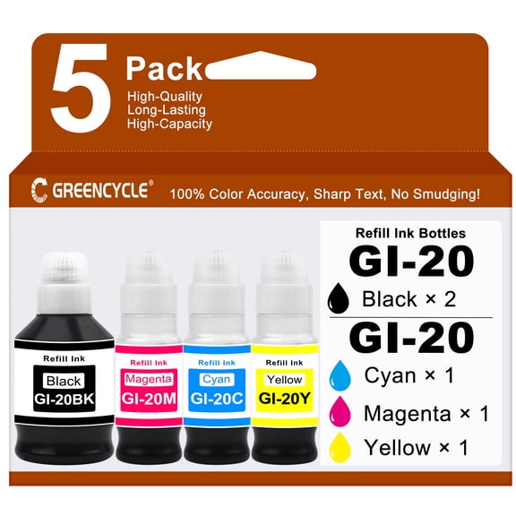 greencycle GI-20 GI20 Refill Ink Bottle Kit Compatible for Canon PIXMA G6020 G7020 G5020 MegaTank Printer High Quality Refill Ink Bottles GI-20 GI20 Replacement(2BK/1C/1M/1Y)