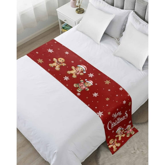 Xipuska Red Christmas Bed Runners for Cal King Size Bed, Decorative Bed Throws for Foot of Bed, Gingerbread Xmas Snowflake Bed Runner Sofa Throw Bedding Scarf Protector Slipcover for Bedroom/Hotel