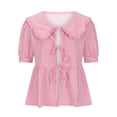 thumbnail image 4 of JGGSPWM Women's Tie Front Top Short Puff Sleeve Peplum Shirt Y2K Cute Ruffle Hem Babydoll Blouse Lapel Doll Collar Stripe Summer Shirt Pink S, 4 of 8