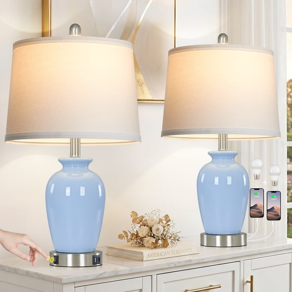 Lolikit 23" Ceramic Jar Table Lamp Set of 2 for Bedroom Living Room Farmhouse Sky Blue Bedside Nightstand Lamps with USB A C Charging Ports