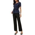 thumbnail image 4 of Dressy Casual Peplum Tops for Women Summer Pleated Crew Neck Belted Short Sleeve Blouse XS Dark Blue, 4 of 6