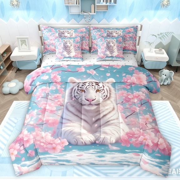 Manfei Tiger Animal Boy Girl Twin Bedding Sets 7-Piece,Floral Cherry Blossom Bedding Comforter Set Microfiber,Jungle Wildlife Breathable Sheet Sets,Super Cozy Room Decor,Reversible