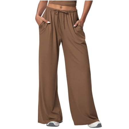 WMTBSRSW Womens Wide Leg Casual Pants Comfy Flowy Drawstring Palazzo Lounge Pants Summer Beach Travel Trousers with Pockets Coffee Large