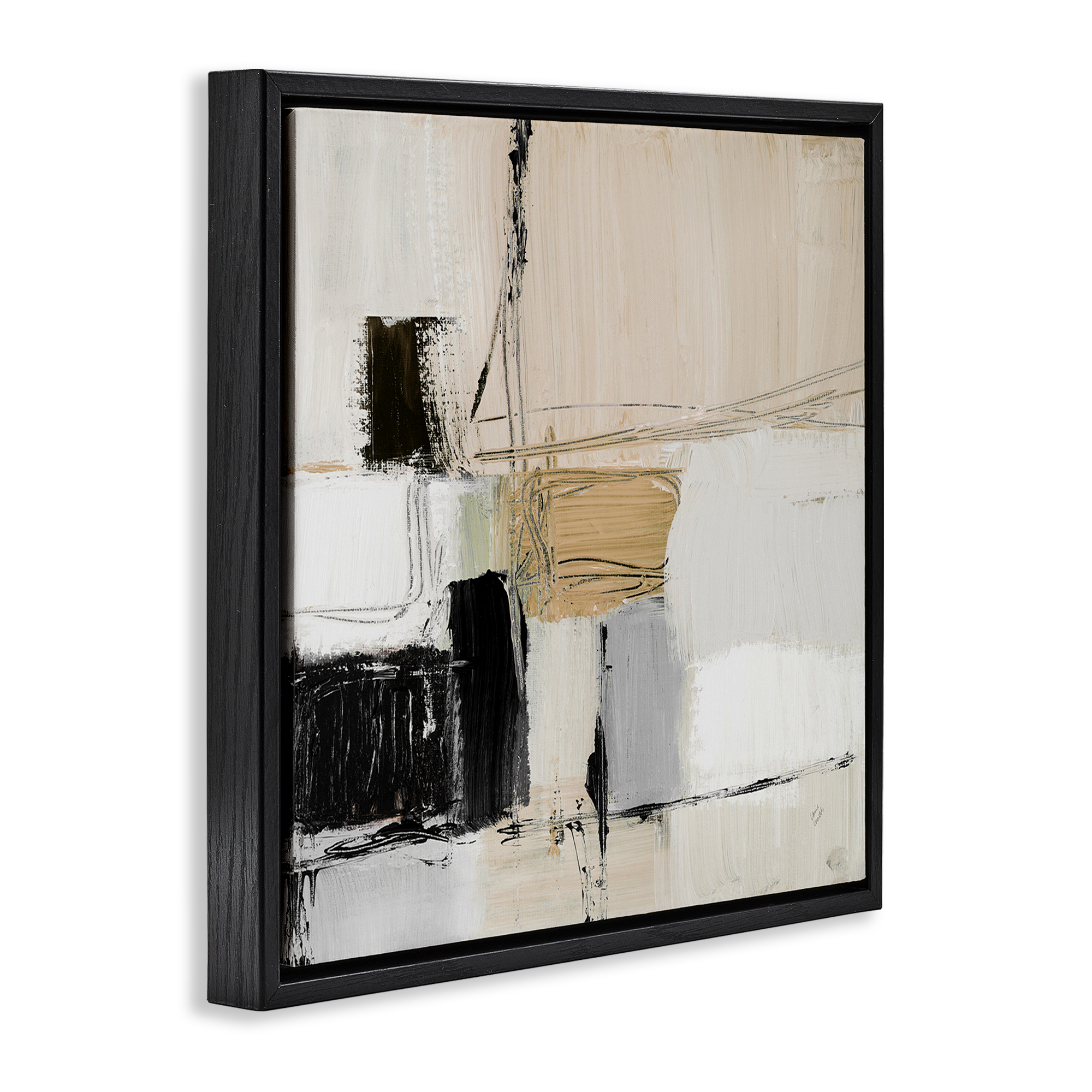 Stupell Industries Beige Black Organic Collage Abstract Painting Black Floater Framed Canvas Art Print Wall Art, 25 x 25