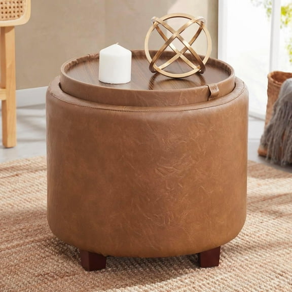 SSyao Round Storage Ottoman with Lift Off Lid and Tray Lid Coffee Table, Ottoman with Storage for Living Room, Bedroom and Office-17" x 17" x 16"-Leather Mocha