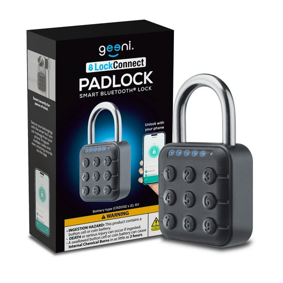 Geeni LockConnect Smart Bluetooth Padlock – Durable Waterproof Keyless Lock with App & Keypad Code Access for Gym, School, Travel, & Outdoor Use