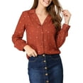 thumbnail image 3 of MODA NOVA Junior's Heart Polka Dots Button Notched Lapel V Neck Shirt  Brown Red M, 3 of 7