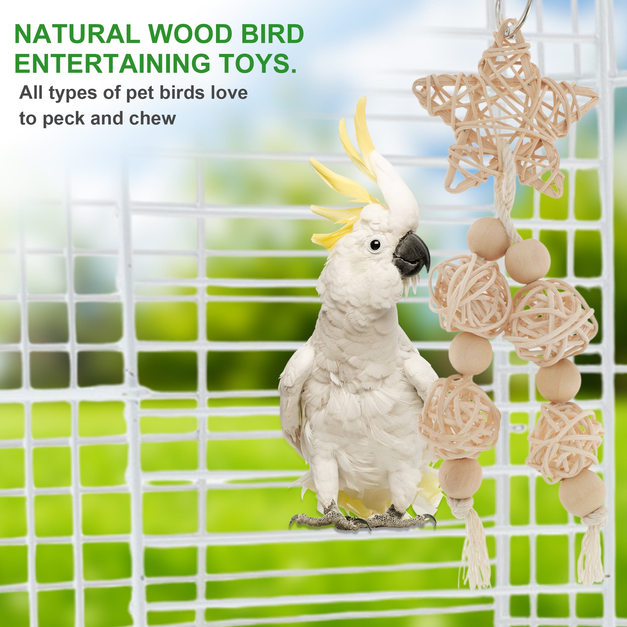 Unique Bargains 9pcs Cockatiel Toys Interactive Bird Toy Parrot Toys Parrots Chewing Wood and Rope Bird Cage Accessories for Parakeets Cockatiel Wood Color