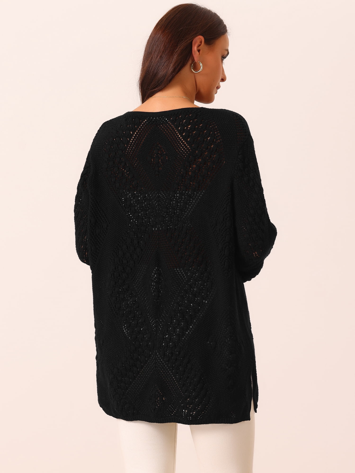 DARING DIVA Hollow Cable Knit Loose Casual Pullover Sweaters L Black