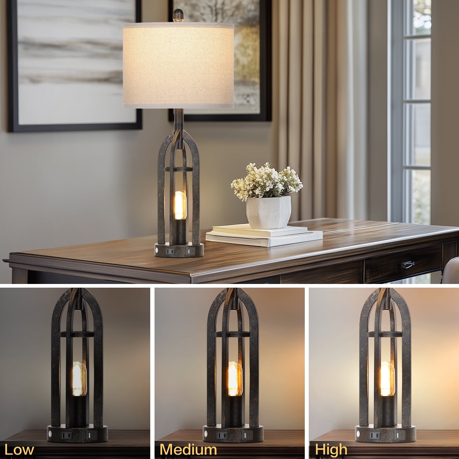 Cinkeda Table Lamps for Living Room Bedroom Set of 2 with USB A+C Ports AC Outlet Nightlight Industrial Gold 3 Way Dimmable Touch Control Bedside Nightstand Lamp