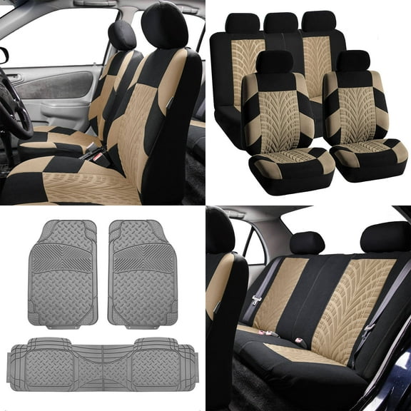 FH Group Beige Universal Auto Seat Covers Full Set for SUV Car w/ Front & Rear Floor Mats