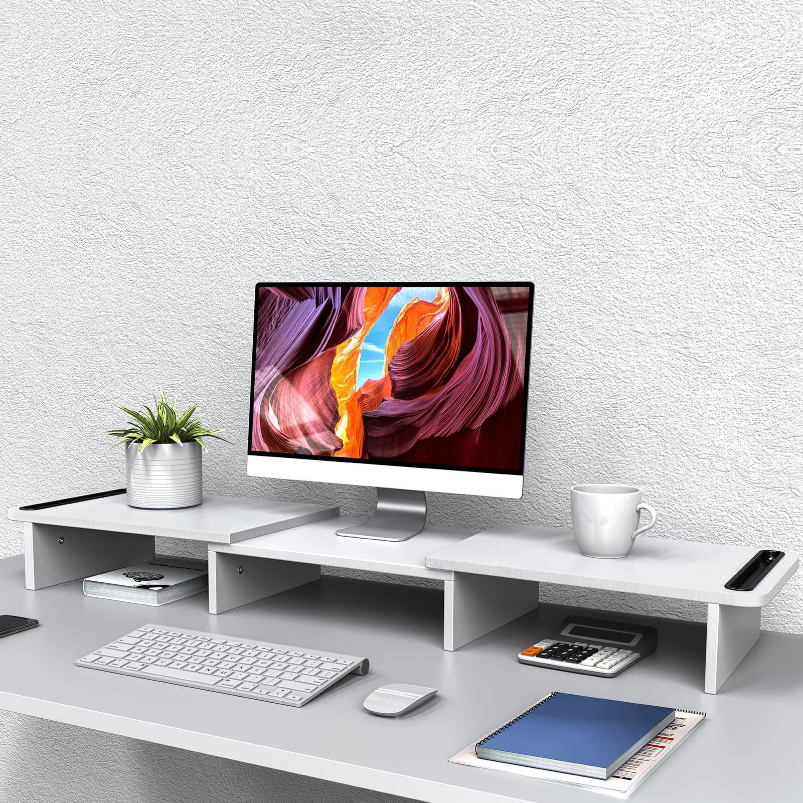 Dual Monitor Stand Riser  With Adjustable Length And Angle Wood For Desk 2 Monitors Storage Space