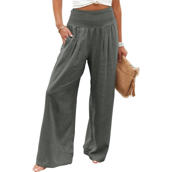 Un Pantalon d'Été Femme Taille Haute en Lin de Coton Pantalon Palazzo Jambe Large Pantalon Long avec Poche Gris Foncé Petit