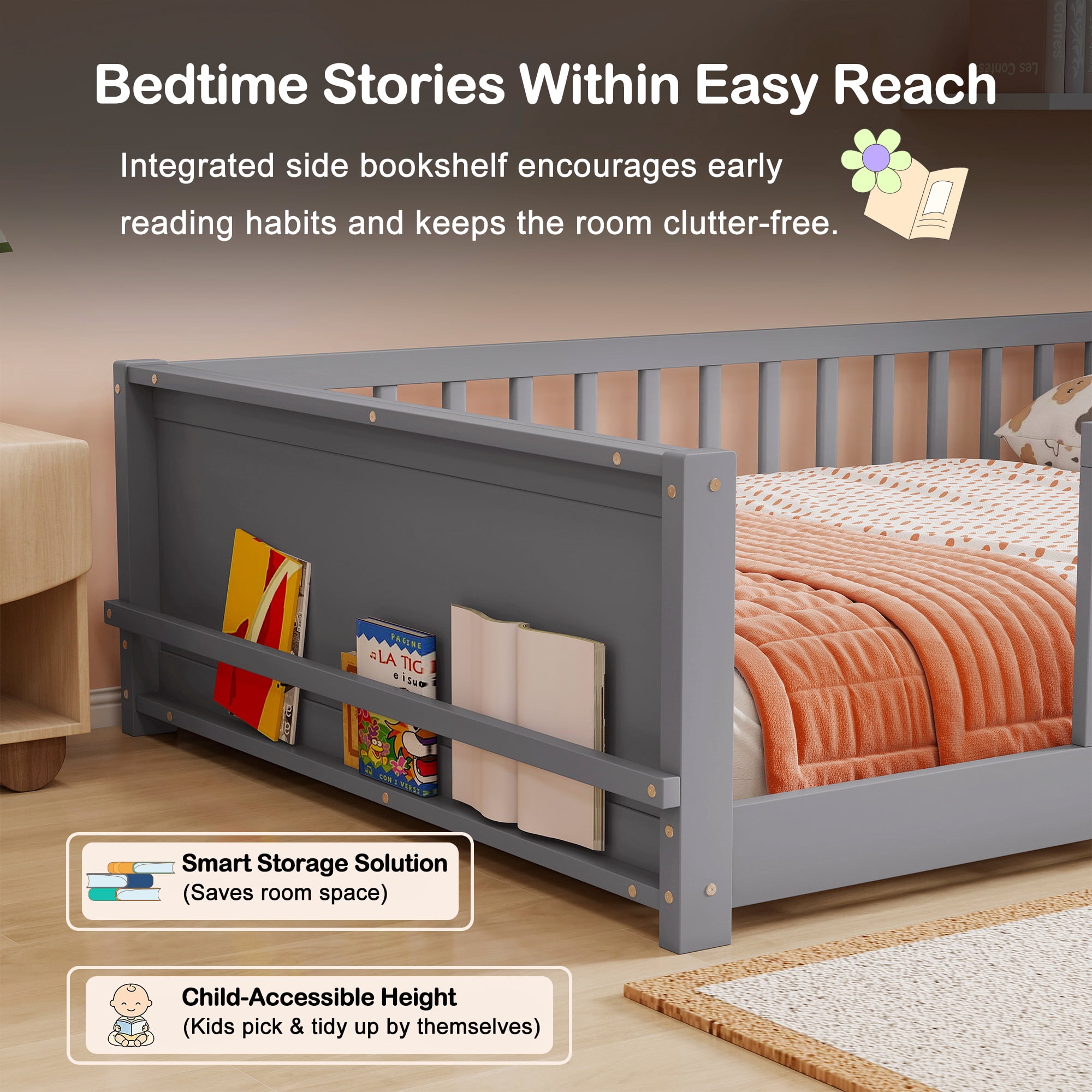 Miniyam Full Size Kids Floor Bed with Guardrails and Bookshelf, Wooden Low Profile Bed, Gray