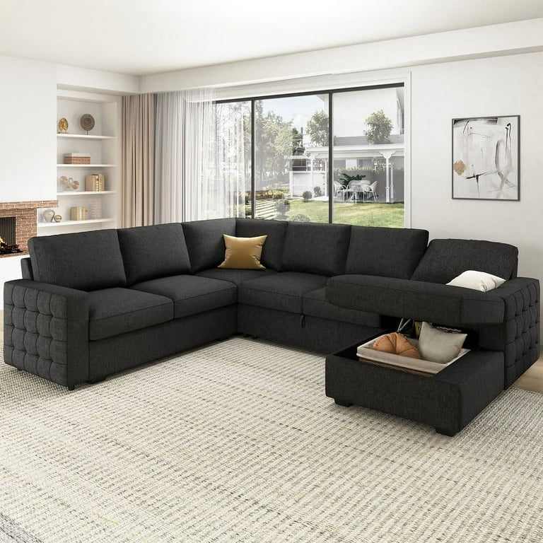 Honbay Sofa Bed Linen Fabric 3 Seaters Sectional L Shaped Sleeper Sofa Couch with Pull Out Dark Grey