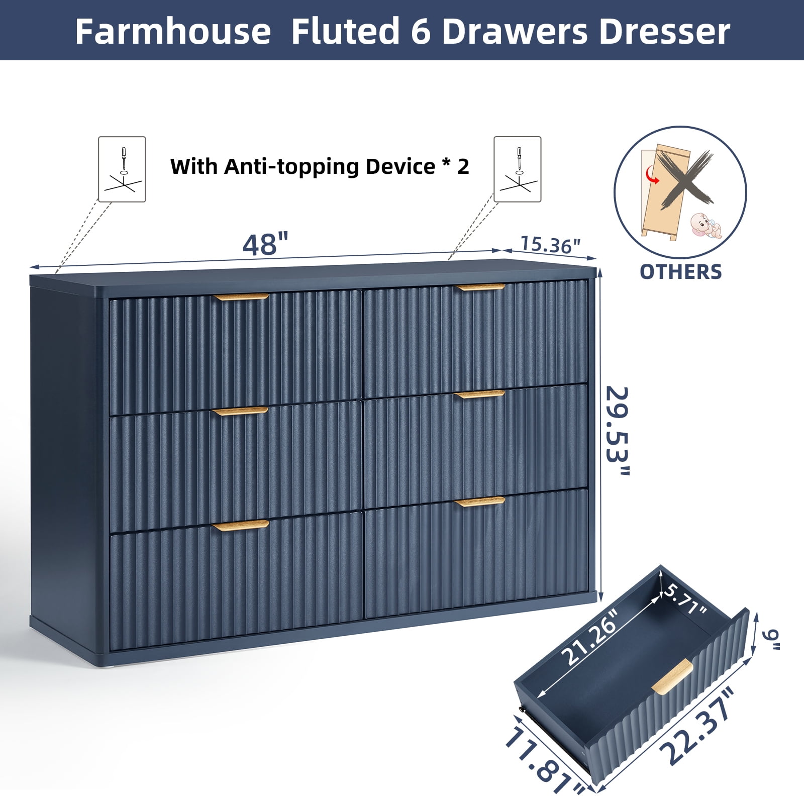 6 Fluted Drawer White Dresser, 48"H Wide Storage Cabinet with Upgraded Stable Base, Vertical Chest for Bedroom Living Room, Blue