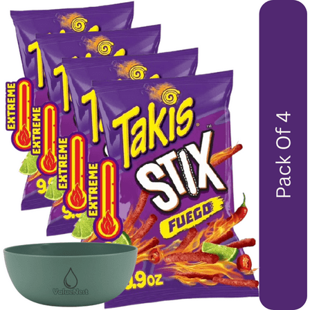 Takis Fuego Crunchy Rolled Tortilla Chips, Chili Pepper & Lime Heat, 9.9 oz Sharing Size Bag With Olive Green Bowl By ValueNest