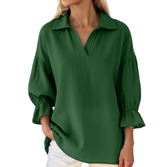 Womens T Shirt Loose Fit Long Sleeve Solid Color Fashion Lapel Womens Sprimg Clothing,Green,L