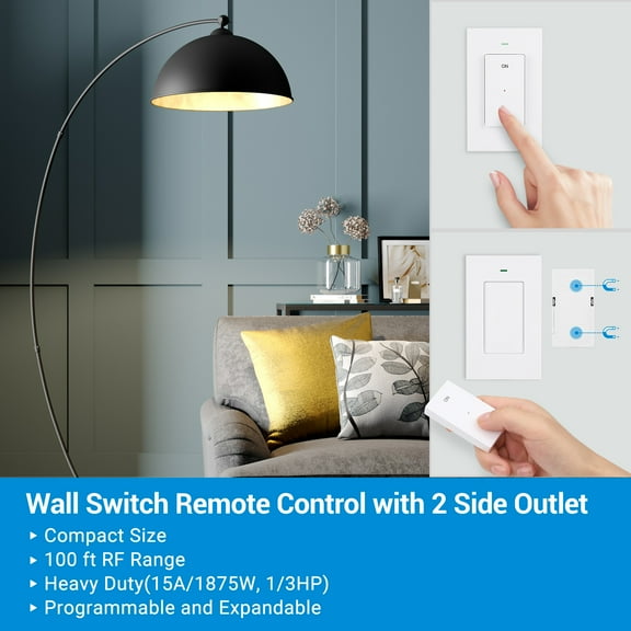 DEWENWILS Remote Control Outlet, Wireless Light Switch with 2 Side Outlets, 100 FT Range Remote Outlet Switch for Lamp, No Wiring, 15A/1875W, Compact Design, Programmable