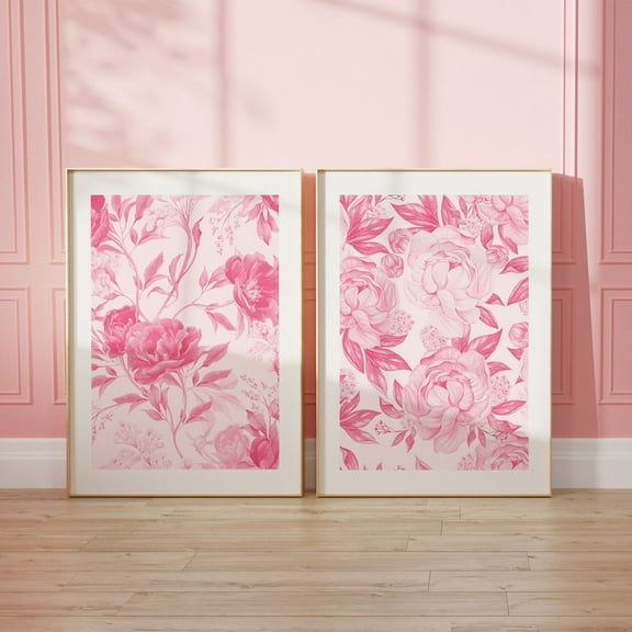 Luvia Love Shack Fancy Set Of 2 Prints Pink Vintage Floral Chinoiserie Simple Dorm Room Decor, Modern Wall Decor Set 2 Prints 8x12 UNFRAMED