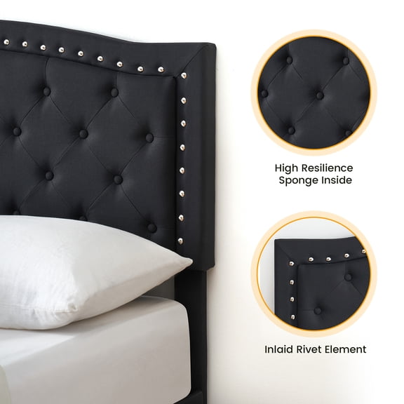 Modern Upholstered Platform Bed Frame – Adjustable Button-Tufted Wingback Headboard, Heavy-Duty Wooden Slats, No Box Spring Needed, Linen Fabric, Easy Assembly – Queen, Black (Color No.: YS188-40)