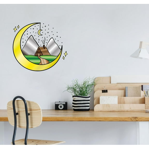 Cabin House Moon Mountain Vinyl Stained Glass Film Static Cling Window Waterproof Decal for Girls Boys Kids Room Bedroom Nursery House Fun Home Decor Stickers Wall Art Vinyl Decoration (10x10 inch)