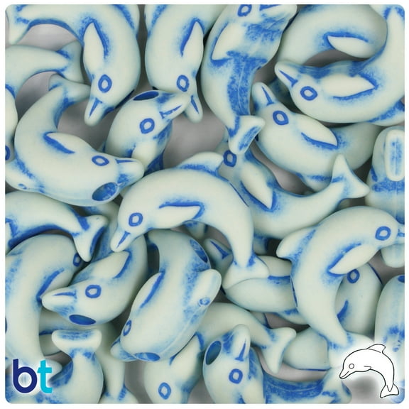 BeadTin Ivory w/Blue Antique 25mm Dolphin Pony Beads (24pcs)