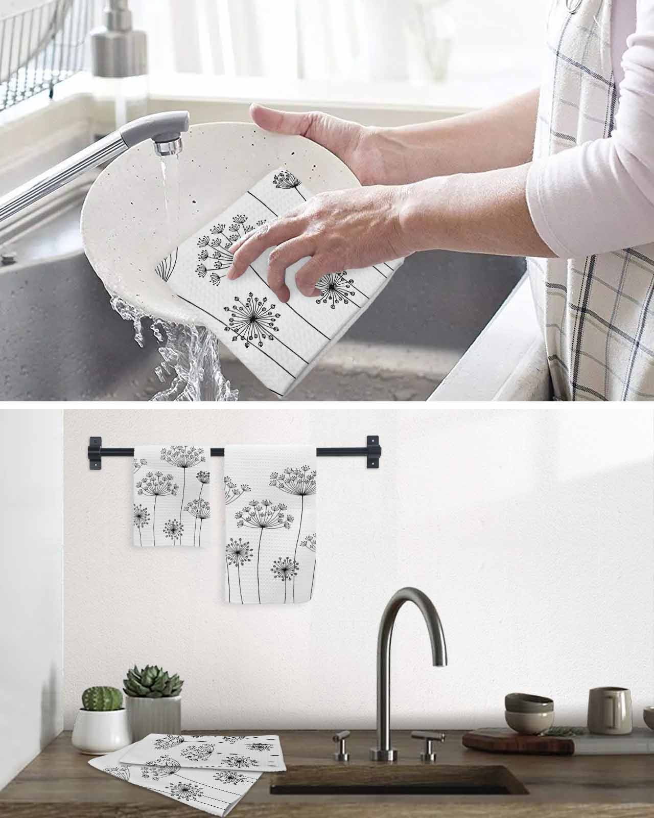 Black Dandelion Kitchen Dish Towels for Drying Dishes Set of 3, Spring Country Modern Minimalist Flower Waffle Weave Microfiber Hand Tea Bathroom Towels Quick Dry & Absorbent Towel 12x12