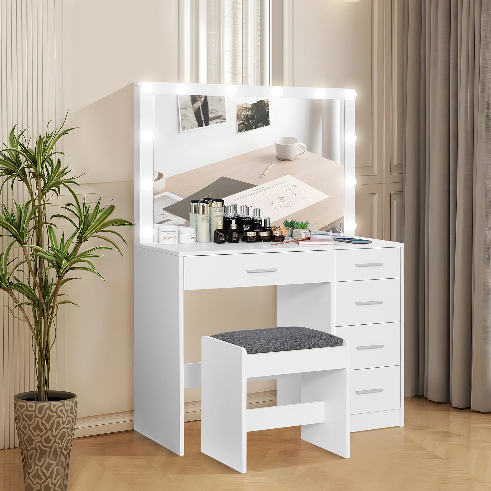 usikey Makeup Vanity Table with Large Lighted Mirror, 12 Lights, Vanity 