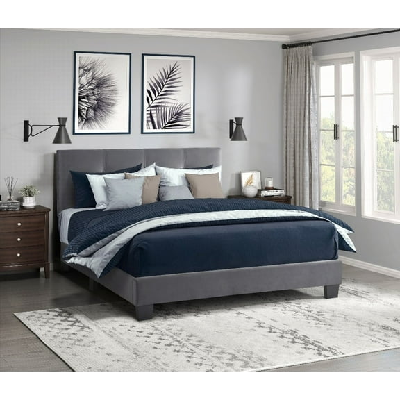 1pc Full Size Platform Bed in Dark Gray Velvet & Solid Wood Featuring Adjustable Headboard