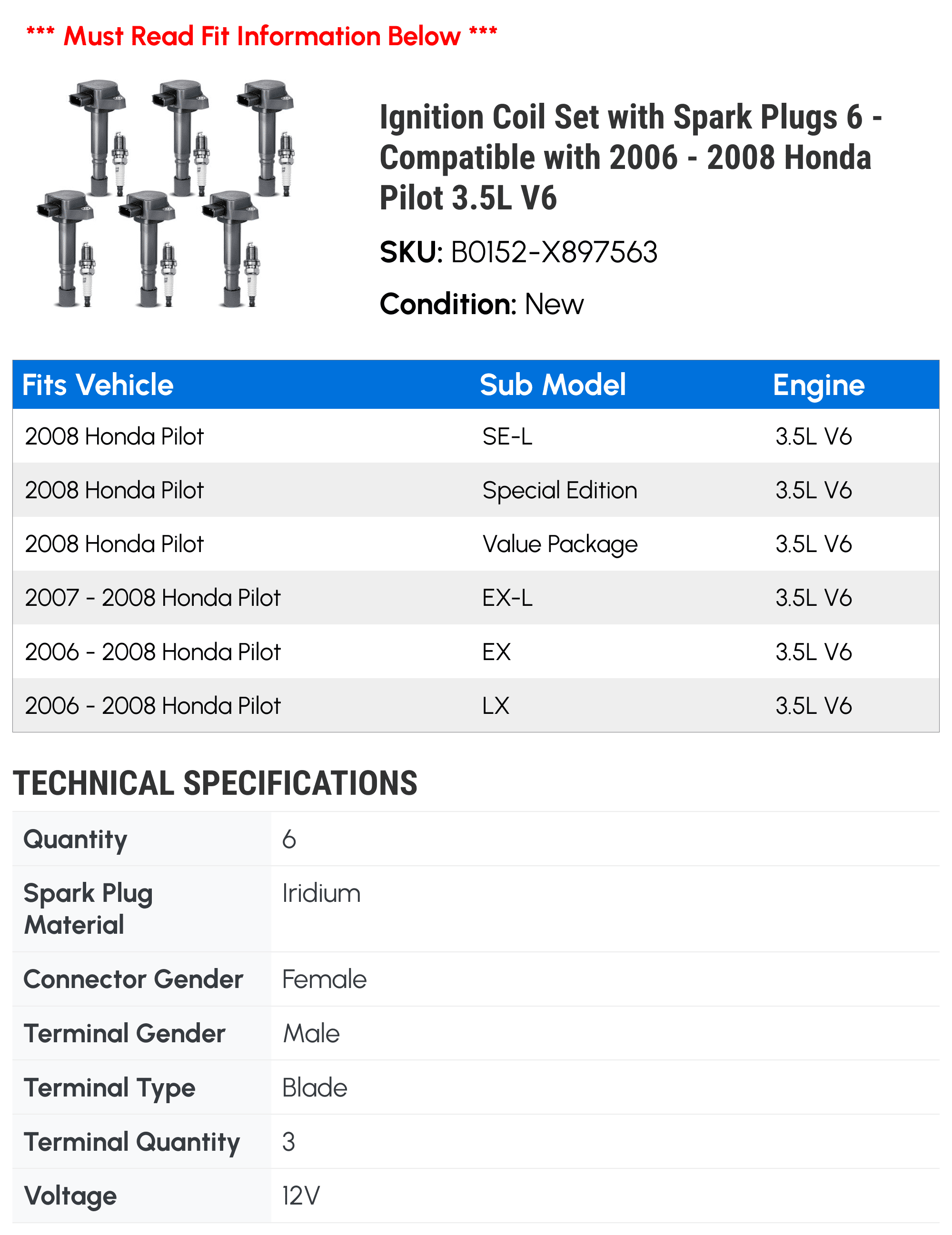 Ignition Coil Set with Spark Plugs 6 - Compatible with 2006 - 2008 Honda Pilot 3.5L V6 - Autopart Premium