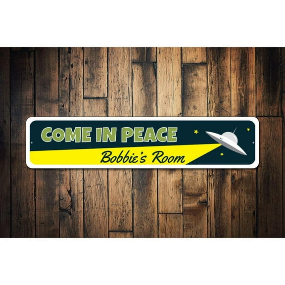Kids Room UFO Novelty Sign, Metal Wall Decor - 4x18 inches