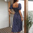 thumbnail image 5 of Women's Summer Midi Dress Stripes Short Puff Sleeve Square Neck Shirred Bust Top Skater Dresses Side Slit High Waist A Line Fit and Flare Sundress Casual Beach Navy Blue Large, 5 of 5