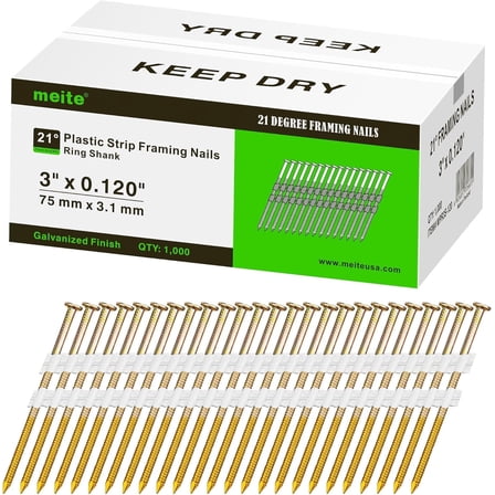 MEITE Collated Framing Nails 21 Degree Ring Shank Galvanized 1000 Pieces 3-Inch x 0.120-Inch